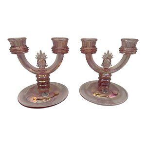 Fenton Vintage Pink Iridescent Double Candlestick with Pineapple Design,Set of 2